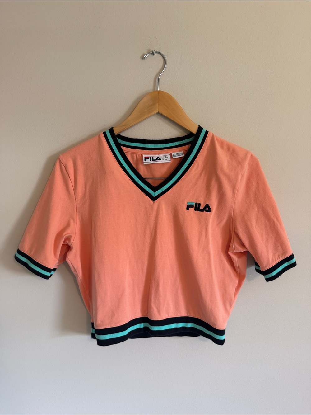 FILA Rare Vintage Look Peach Cropped V-Neck Tee with Teal & Black Stripes